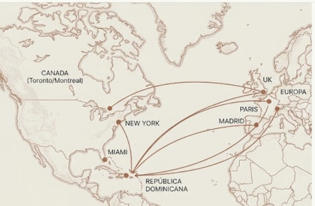 Mapa estilizado mostrando rutas desde Toronto, Nueva York, Miami, Madrid, París y Londres hacia República Dominicana